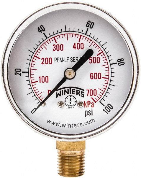 Winters PEM214LF Pressure Gauge 2-1/2" Dial, 0 to 100 psi, 1/4" Thread, NPT, Lower Mount