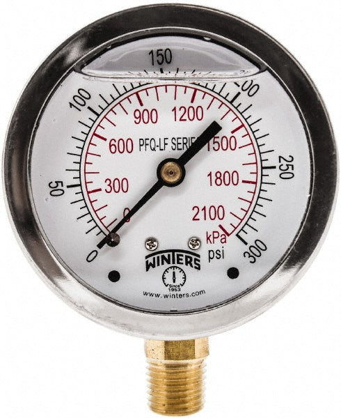 Winters PFQ807LF Pressure Gauge 2-1/2" Dial, 0 to 300 psi, 1/4" Thread, NPT, Lower Mount