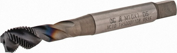 OSG 1650001108 Spiral Flute Tap M10x1.00 Metric Fine, 3 Flutes, Modified Bottoming, 6H Class of Fit, Powdered Metal, TICN Coated