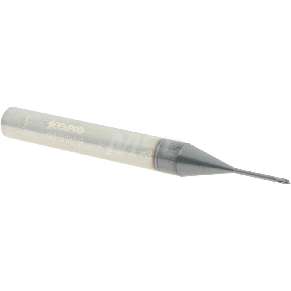 Accupro 93161859 Corner Radius End Mill 1 mm Dia, 1 mm LOC, 0.1 mm Radius, 2 Flutes, Solid Carbide