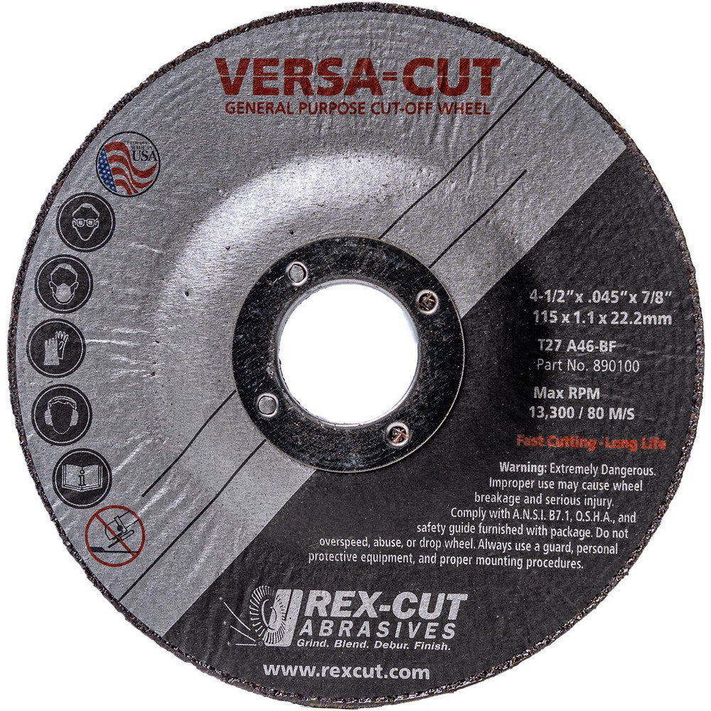 Rex Cut Abrasives 890100 Cut-Off Wheels Wheel Diameter (Inch) 4-1/2 Wheel Thickness (Decimal Inch) 0.0450 Hole Size (Inch) 7/8 Abrasive Material Aluminum Oxide Reinforced Reinforced Grit 46
