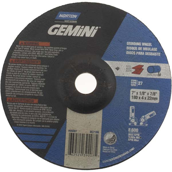 Norton 66252939207 Depressed Center Wheel Type 27, 7" Dia, Aluminum Oxide