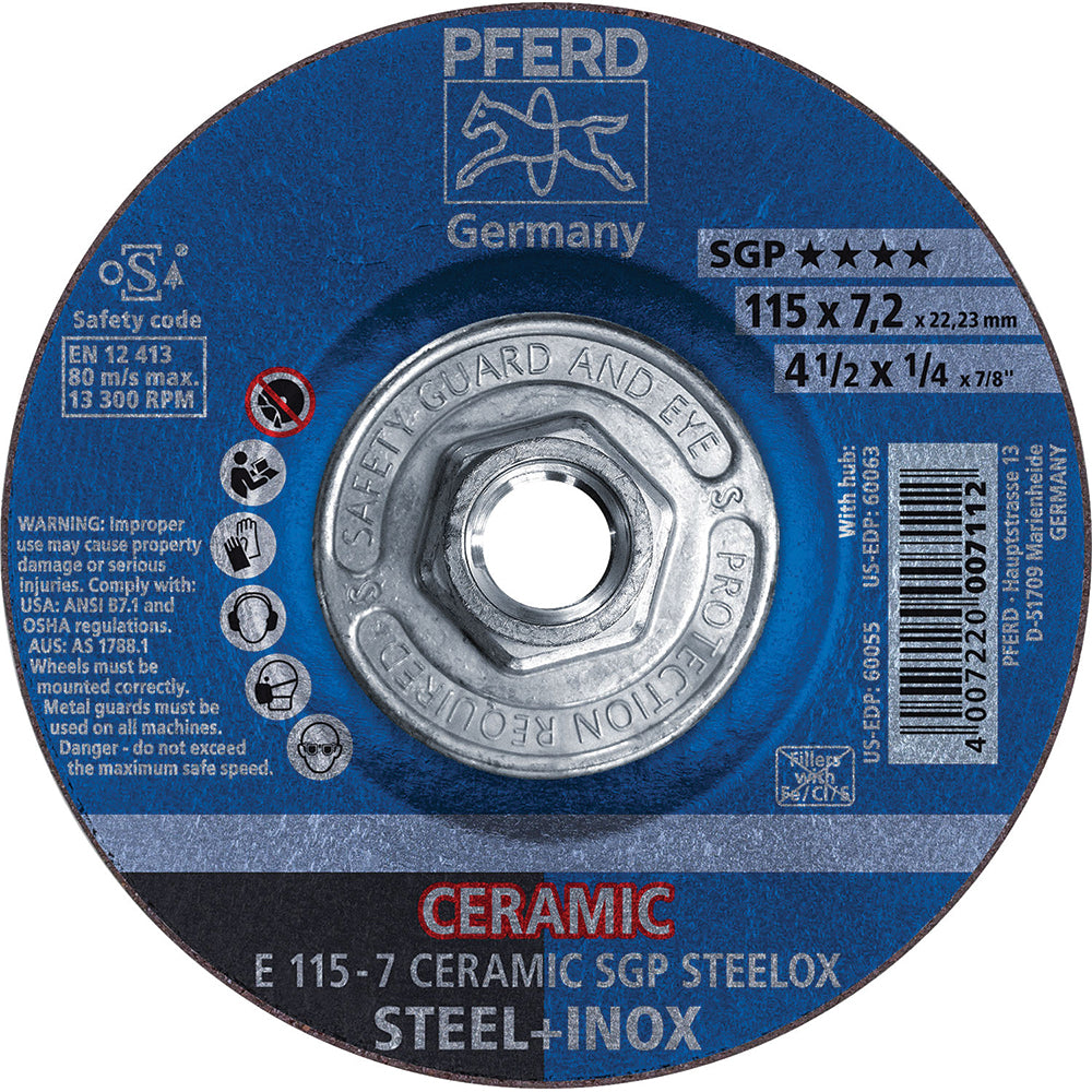 PFERD 69901730 Depressed Grinding Wheel Type 27, 4-1/2" Dia, 1/4" Thick, Ceramic Oxide