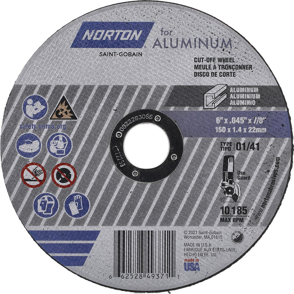 Norton 66252849371 Cut-Off Wheel Type 1 (01/41), 6" Dia, Aluminum Oxide