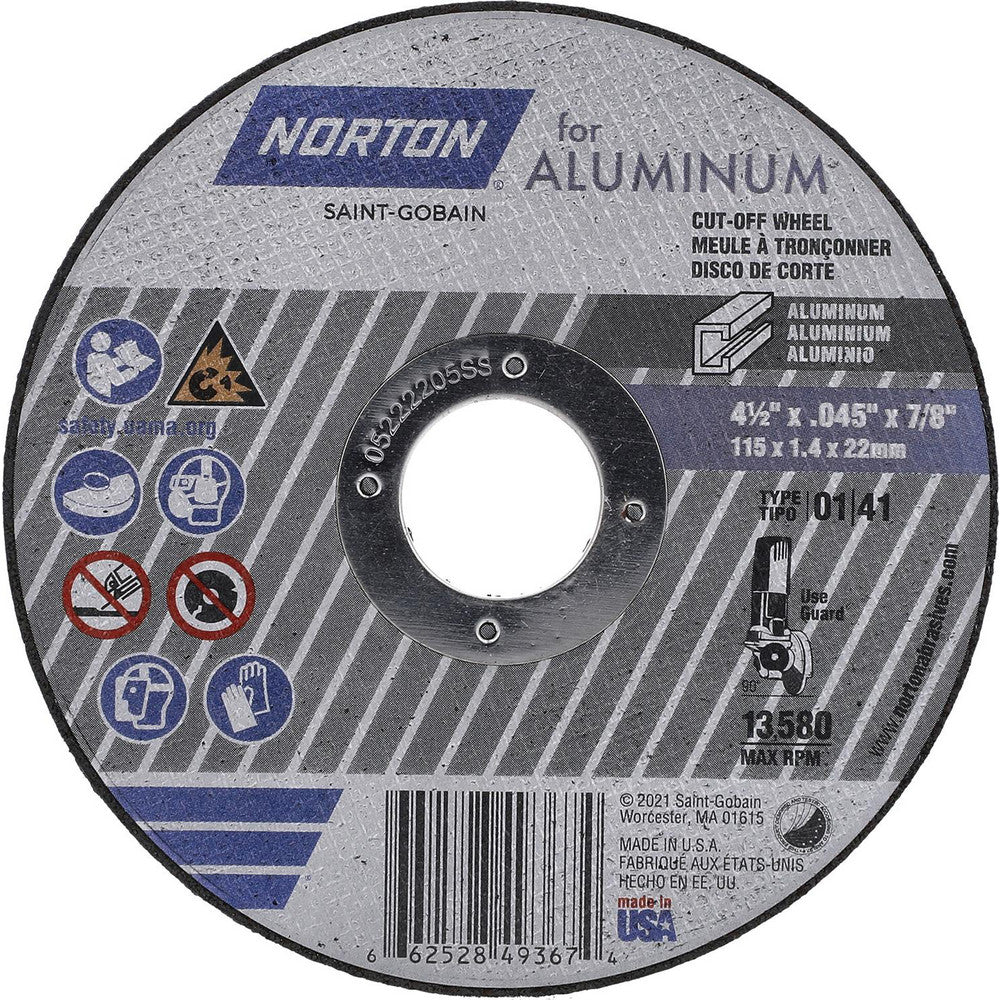 Norton 66252849367 Cut-Off Wheel Type 1 (01/41), 4-1/2" Dia, Aluminum Oxide