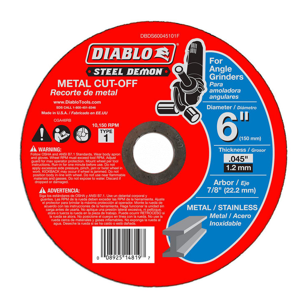 DIABLO DBDS60045101F Cutoff Wheel Type 1 (01/41), 6" Dia, 0.0450" Thick, 7/8" Hole, Ceramic