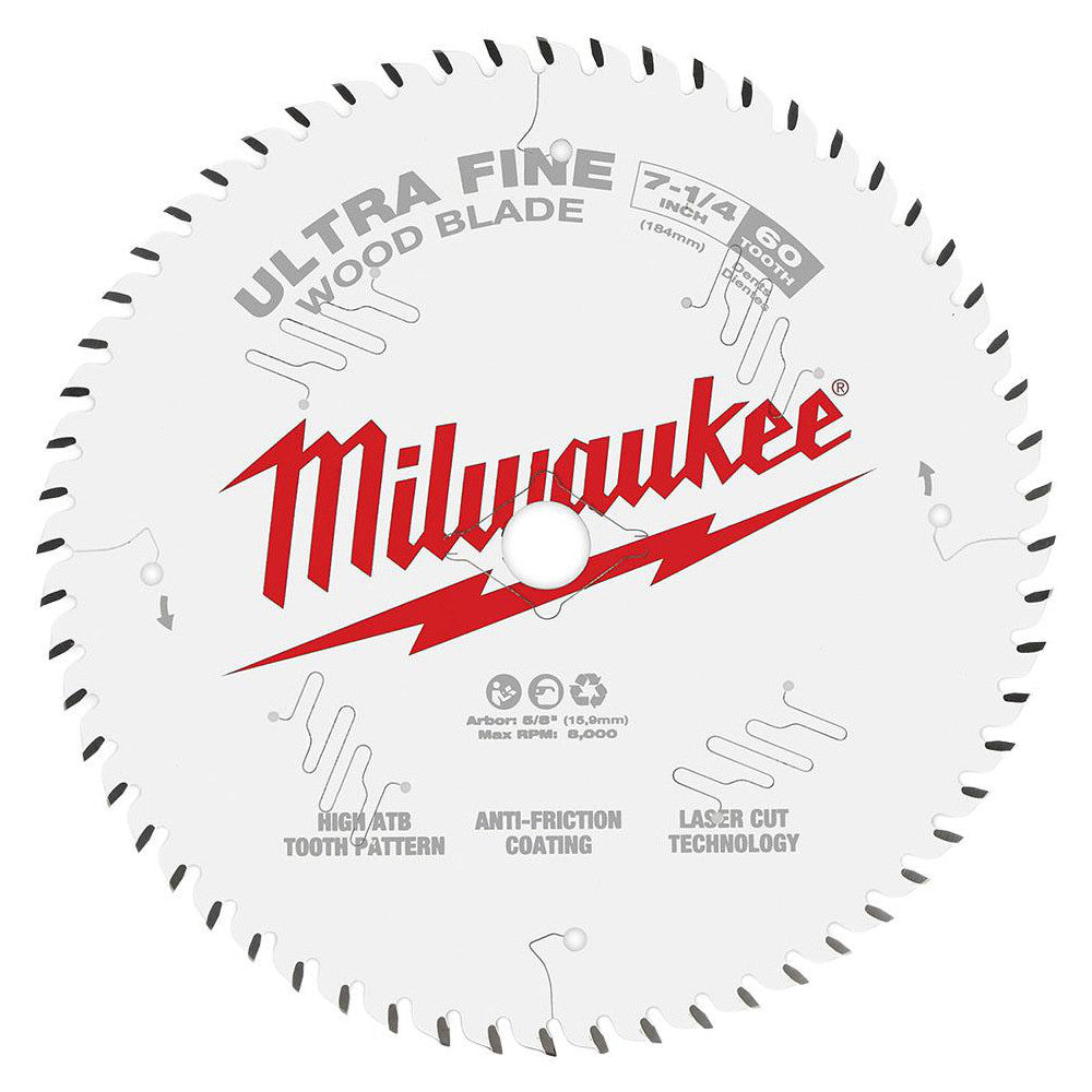 Milwaukee Tool 48-40-0730 Wet & Dry-Cut Saw Blades Blade Diameter (Inch) 7-1/4 Blade Material Carbide Blade Thickness (Decimal Inch) 0.0410 Arbor Hole Diameter (Inch) 5/8 Number of Teeth 60 Arbor Style Round