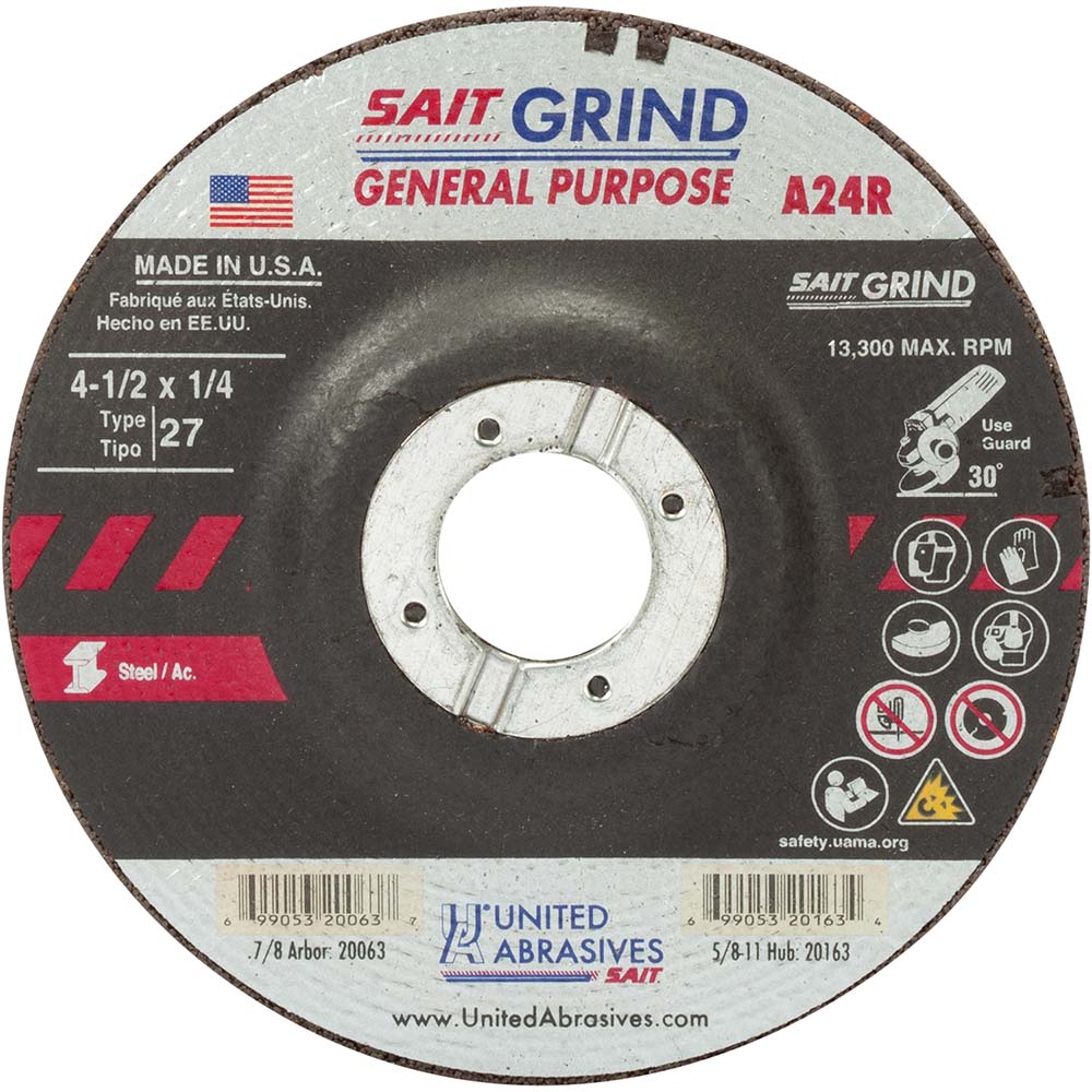 Sait 20060 Depressed-Center Wheel Type 27, 4-1/2" Dia, 1/4" Thick, 7/8" Hole, Aluminum Oxide