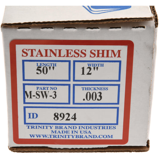 Trinity Brand Industries M-SW-3 Shim Stock 0.003'' Thick, 50'' Long, 12" Wide, 302 Stainless Steel