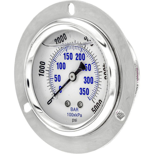 PIC Gauges PRO-204L-254R Pressure Gauge 2-1/2" Dial Dia, 0 to 5,000 psi, 1/4" MNPT, Front Flange Panel & Center Back Mount