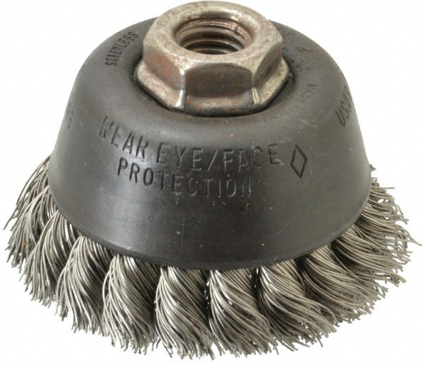Osborn 0003300100 Cup Brush 3-1/2" Dia, 0.02" Wire Dia, Stainless Steel, Knotted