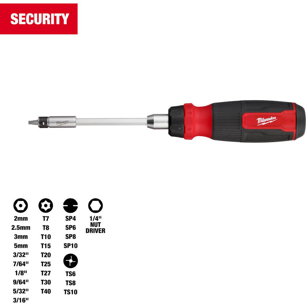 Milwaukee Tool 48-22-2912 Bit Screwdrivers Type Multi-Bit Screwdriver  Tip Type Torx Spanner Nut Driver Hex  Torx Size T7 T8 TP10 TP15 TP20 TP25 TP27 TP30 TP40  Handle Type Non-Slip Grip  Overall Length (Decimal Inch) 10.12  Handle Length (Inch) 6.2000