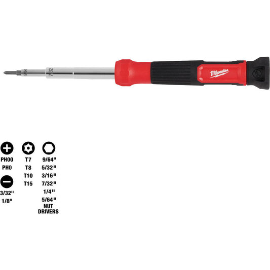 Milwaukee Tool 48-22-2933 Bit Screwdrivers Type Multi-Bit Screwdriver  Tip Type Phillips Torx Slotted Nut Driver  Torx Size T7 T8 TP10 TP15  Phillips Point Size #00 - #0  Slotted Point Size 3/32 1/8  Handle Type Straight