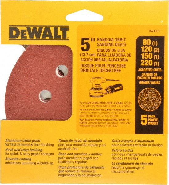 DeWALT DW4307 80, 120, 150, 180, 220 Grit, 5" Disc Dia, Abrasive Disc Kit