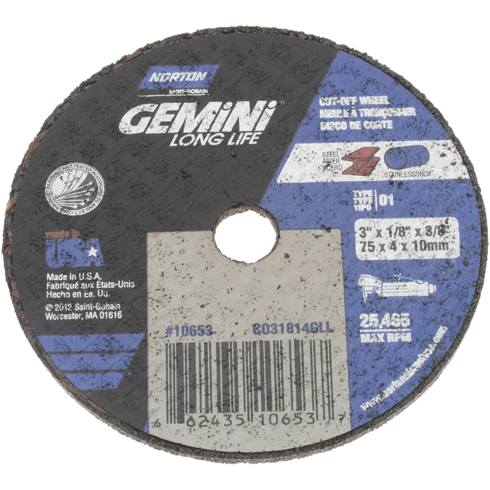 Norton 66243510653 Cut-Off Wheel 3" Dia, 1/8" Thick, 3/8" Hole, Aluminum Oxide
