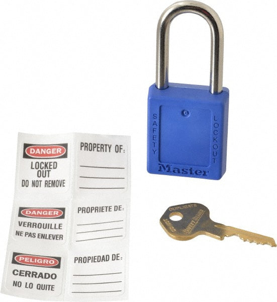 Master Lock 410BLU Lockout Padlock Keyed Different, Key Retaining, Thermoplastic, Steel Shackle, Blue