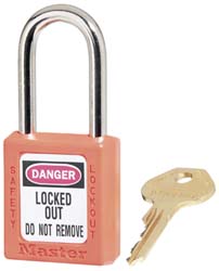 Master Lock 410KAS6ORJ Lockout Padlock Keyed Alike, Key Retaining, Thermoplastic, Plated Metal Shackle, Orange