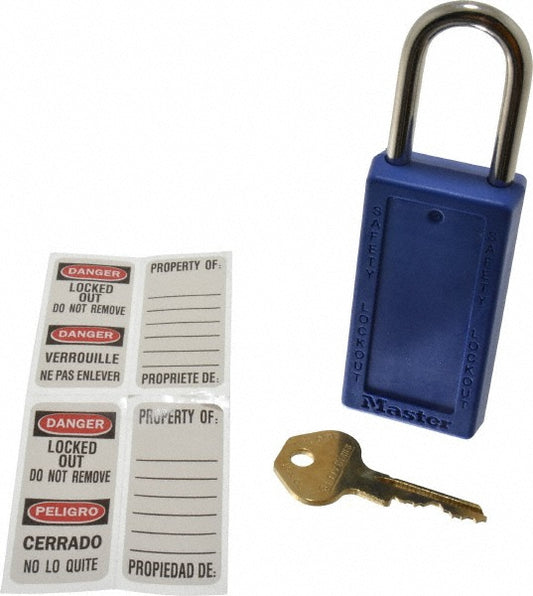 Master Lock 411BLU Lockout Padlock Keyed Different, Key Retaining, Thermoplastic, Steel Shackle, Blue