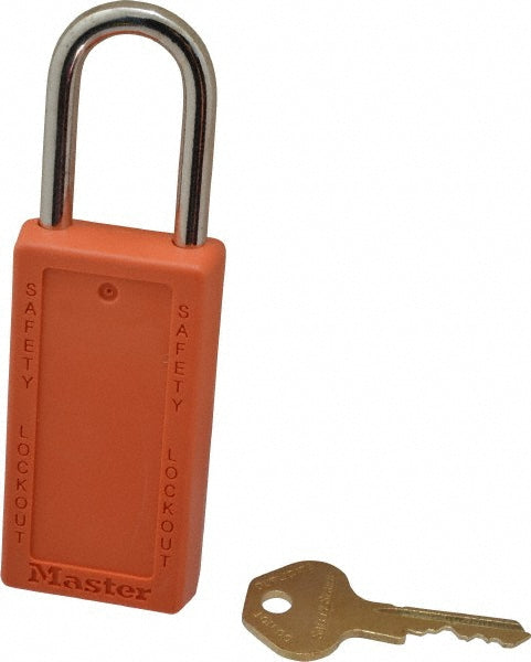 Master Lock 411ORJ Lockout Padlock Keyed Different, Key Retaining, Thermoplastic, Steel Shackle, Orange