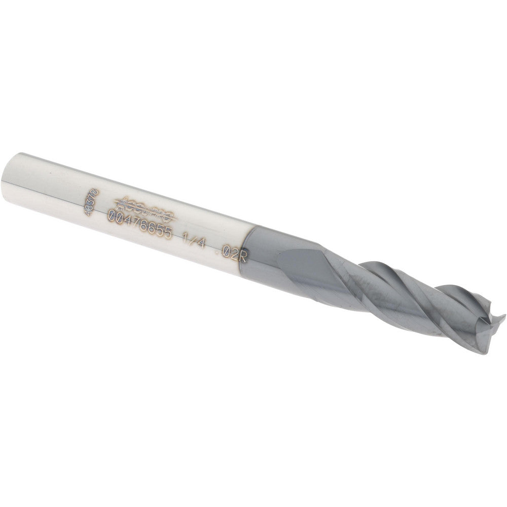 Accupro 00476655 Corner Radius End Mill 1/4" Dia, 3/4" LOC, 0.02" Radius, 3 Flutes, Solid Carbide