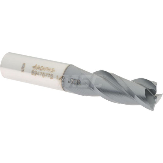 Accupro 00476770 Corner Radius End Mill 1/2" Dia, 1-1/4" LOC, 0.02" Radius, 3 Flutes, Solid Carbide