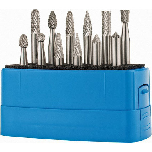 Mastercut Tool Corp. SETM120PDC 12 Pc Double Cut Burr Set with Cylinder, Cylinder w/Rad End, Ball, Cone, Flame, Inverted Cone, Oval, Pointed Cone, Pointed Tree, Tree w/Rad End