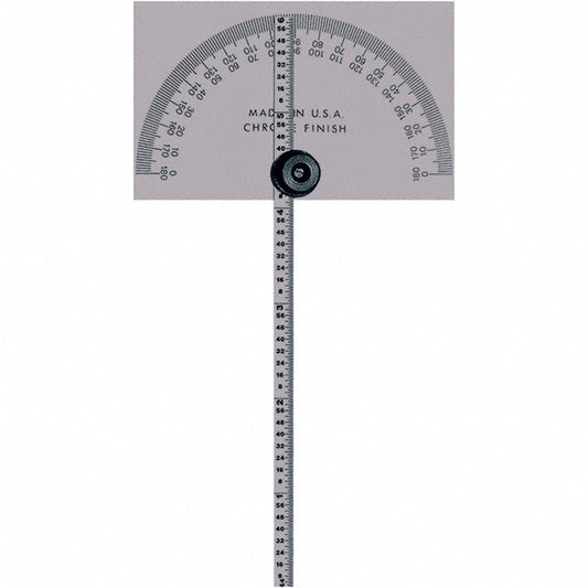 Mitutoyo 968-203 Round & Rectangular Head Protractors Head Type Square Head Square Head  Blade Length (Inch) 6  Maximum Measurement (Degrees) 180.00  Dial Graduation (Minutes) 0.00  Dial Graduation (Degrees) 1.00  Dial Range 0-180 0-180-0
