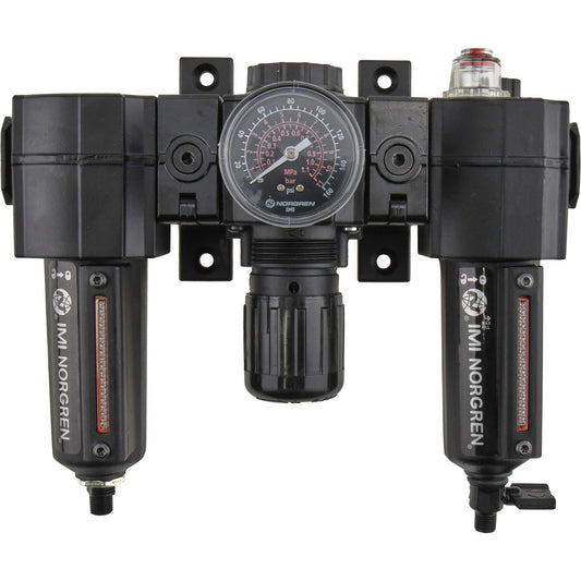 Norgren 24-073-103-260 FRL Combination Unit 1/2 NPT, Intermediate, 3 Pc Filter-Regulator-Lubricator with Pressure Gauge