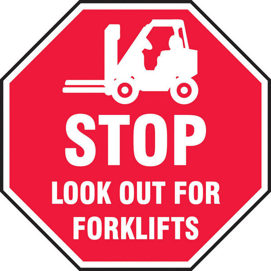 AccuformNMC MFS320 Adhesive Backed Floor Signs Message Type Traffic Control  Message or Graphic Message & Graphic  Legend STOP LOOK OUT FOR FORKLIFTS  Material Vinyl  Legend Color White  Color Red White