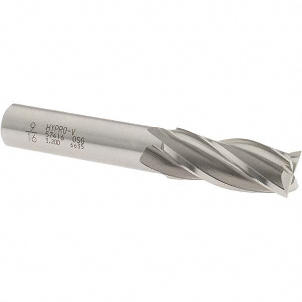 OSG 5741600 Square End Mill 9/16'' Dia, 1-3/8'' LOC, 1/2'' Shank Dia, 3-3/8'' OAL, 4 Flutes, Vanadium High Speed Steel