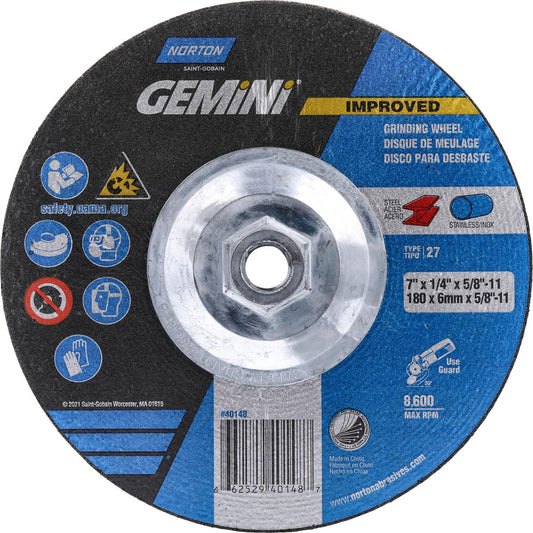 Norton 66252940148 Depressed Grinding Wheel  Type 27,  7" Dia,  1/4" Thick,  Aluminum Oxide