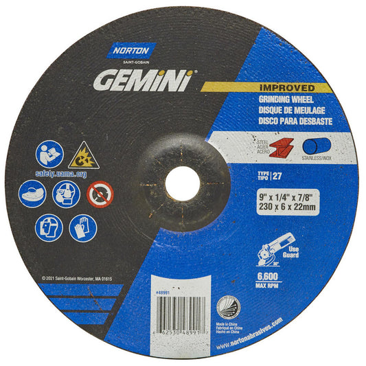 Norton 66253048991 Depressed Center Wheel Type 27, 9" Dia, Aluminum Oxide