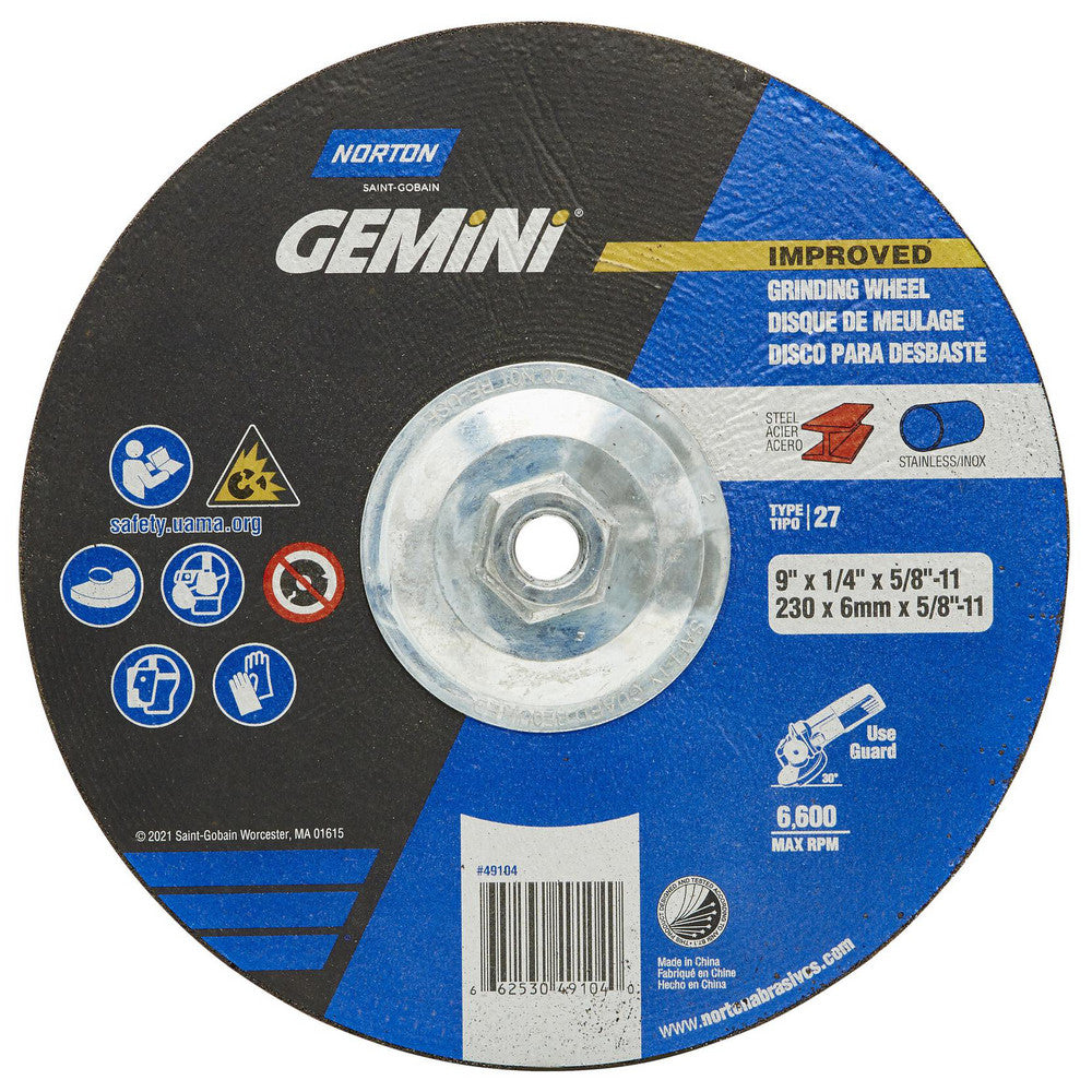 Norton 66253049104 Depressed Center Wheel Type 27, 9" Dia, Aluminum Oxide