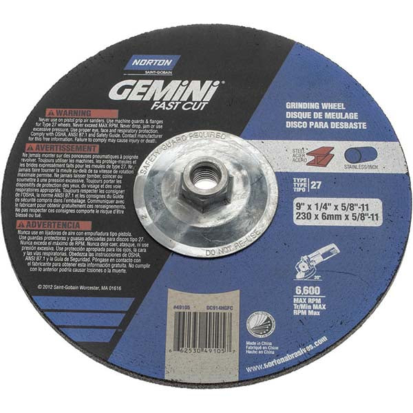 Norton 66253049105 Depressed Center Wheel Type 27, 9" Dia, Aluminum Oxide