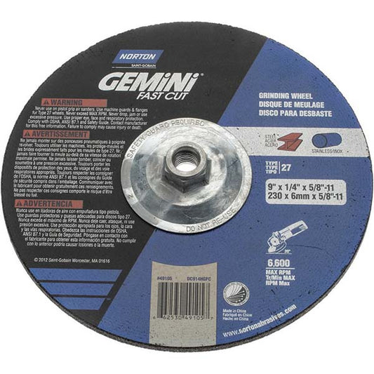 Norton 66253049105 Depressed Center Wheel Type 27, 9" Dia, Aluminum Oxide