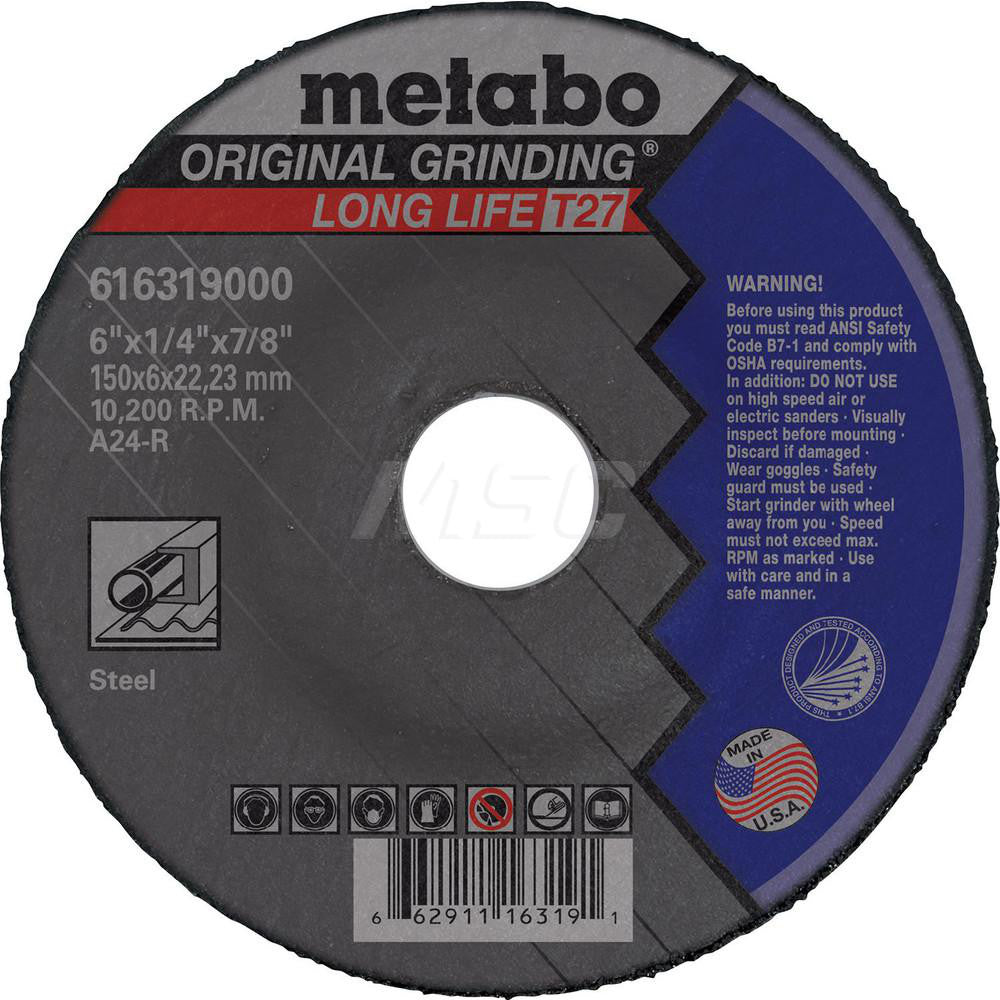 Metabo 616319000 Depressed Grinding Wheel Type 27, 6" Dia, 1/4" Thick, 7/8" Hole, Aluminum Oxide