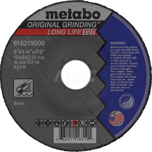 Metabo 616319000 Depressed Grinding Wheel Type 27, 6" Dia, 1/4" Thick, 7/8" Hole, Aluminum Oxide