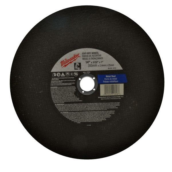 Milwaukee Tool 49-94-1410 Cut-Off Wheel Type 1, 14" Dia, 3/32" Thick, 1" Hole, Aluminum Oxide