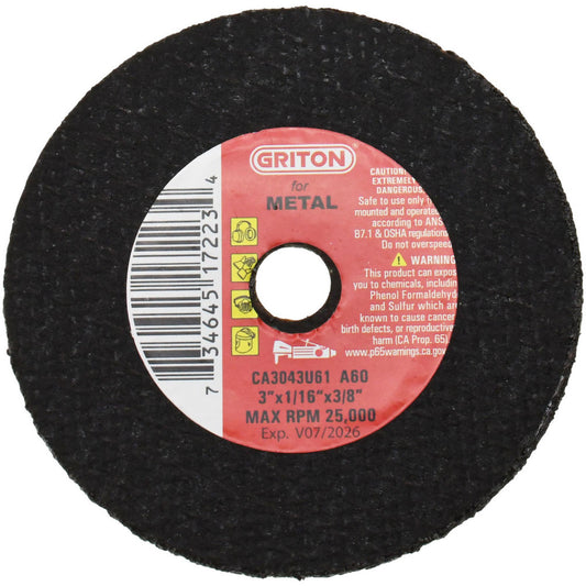 Value Collection CA3043U61 Cut-Off Wheel 3" Dia, 1/16" Thick, 3/8" Hole, Aluminum Oxide