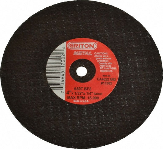 Value Collection CA4022U62 Cut-Off Wheel 4" Dia, 1/32" Thick, 1/4" Hole, Aluminum Oxide