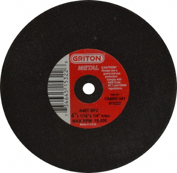 Value Collection CA4042U41 Cut-Off Wheel 4" Dia, 1/16" Thick, 1/4" Hole, Aluminum Oxide