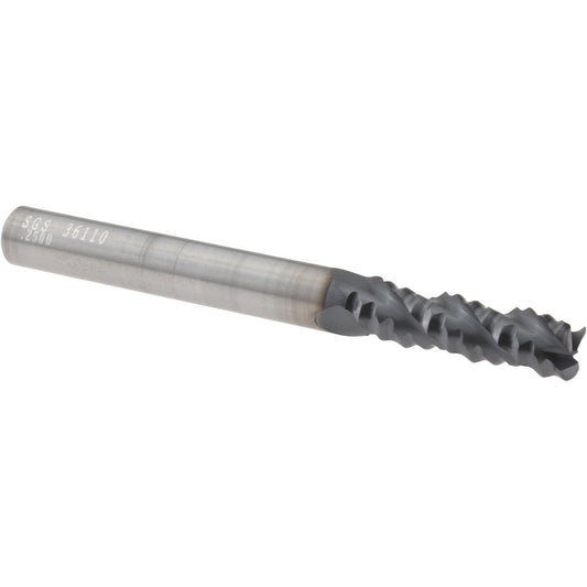 Kyocera SGS Precision Tools 36110 Roughing End Mill 1/4" Dia, 3 Flutes, 0.045" Corner Radius, Chipbreaker, Solid Carbide
