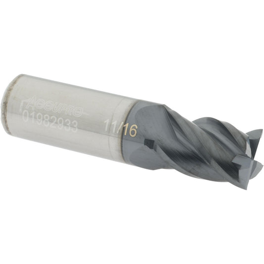 Accupro 01982933 Square End Mill 11/16'' Dia, 1'' LOC, 3/4'' Shank Dia, 3'' OAL, 4 Flutes, Solid Carbide