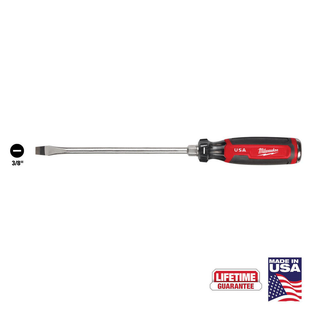 Milwaukee Tool MT210 Slotted Screwdrivers Blade Width (Inch) 3/8  Blade Length (Inch) 8  Overall Length (Decimal Inch) 12.8000  Handle Type Comfort Grip Cushion Grip  Handle Length (Inch) 4.7000  Shank Type Straight
