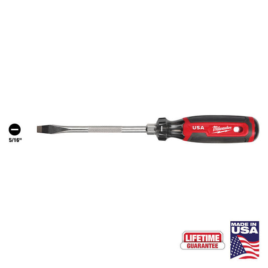 Milwaukee Tool MT207 Slotted Screwdrivers Blade Width (Inch) 5/16  Blade Length (Inch) 6  Overall Length (Decimal Inch) 11.0000  Handle Type Comfort Grip Cushion Grip  Handle Length (Inch) 5.0000  Shank Type Straight