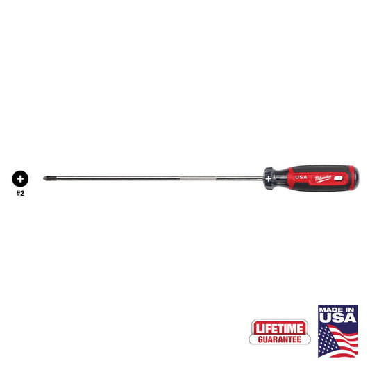 Milwaukee Tool MT204 Phillips Screwdrivers Overall Length (Decimal Inch) 14.3000  Handle Type Cushion Grip  Phillips Point Size #2  Handle Color Red  Handle Length (Decimal Inch) 4.3  Handle Length (Inch) 4.3000