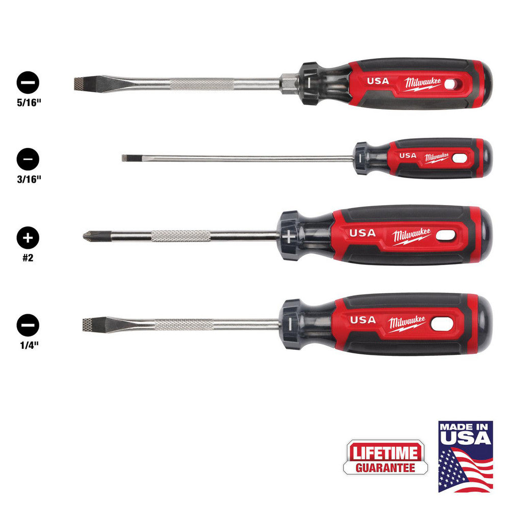Milwaukee Tool MT200-4 Screwdriver Sets Screwdriver Types Included Cabinet Phillips , Slotted  Container Type None  Finish Chrome  Number Of Pieces 4  Insulated No  Features Anti-Slip Tip ™ Laser Etched