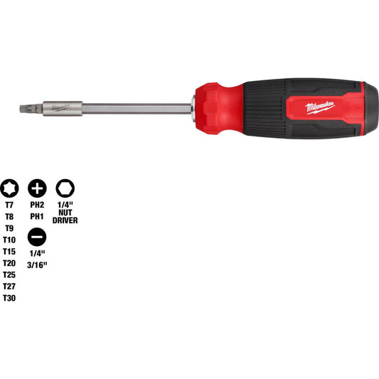 Milwaukee Tool 48-22-2907 Bit Screwdrivers Type Multi-Bit Torx Driver  Tip Type Multi  Torx Size T7 T8 T9 T10 T15 T20 T25 T27 T30 T40  Phillips Point Size #1 - #2  Slotted Point Size 1/4 3/16  Handle Type Ergonomic