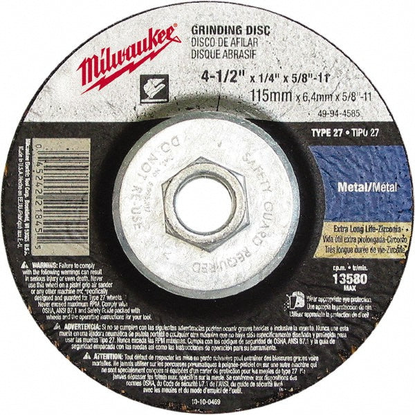 Milwaukee Tool 49-94-4585 Depressed Grinding Wheel  Type 27,  4-1/2" Dia,  1/4" Thick,  Zirconia Alumina