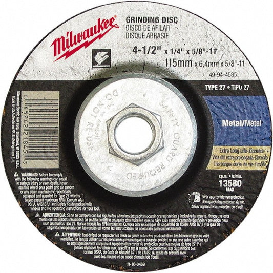 Milwaukee Tool 49-94-4585 Depressed Grinding Wheel  Type 27,  4-1/2" Dia,  1/4" Thick,  Zirconia Alumina
